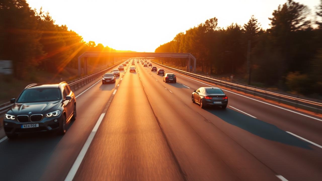 Deutsche Autobahn im Abendlicht mit fahrenden Autos