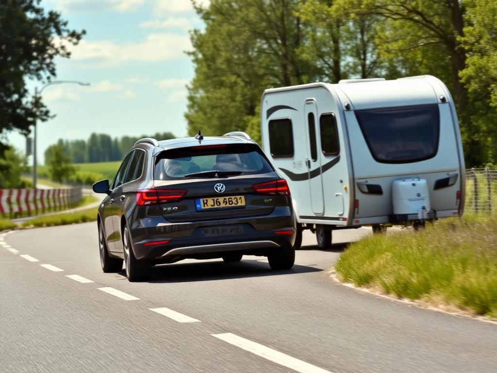 Pkw mit Anhänger auf einer Landstraße in Deutschland