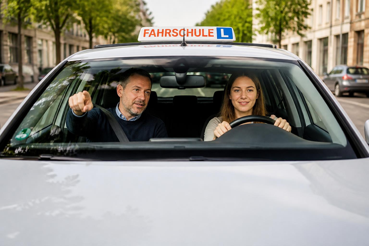 Fahrlehrer der FahrProfi Fahrschule erklärt einer Fahrschülerin im Fahrschulauto den Stadtverkehr