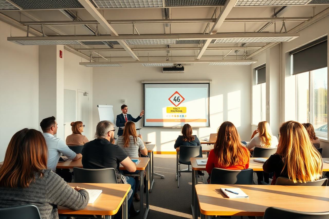 Theorieunterricht in einem hellen Schulungsraum der Fahrschule mit Verkehrszeichen auf der Leinwand